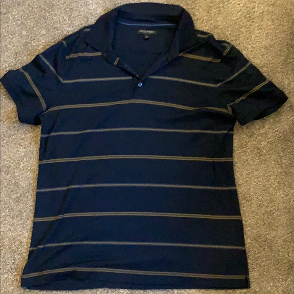 Navy blue polo with yellow and light blue stripes